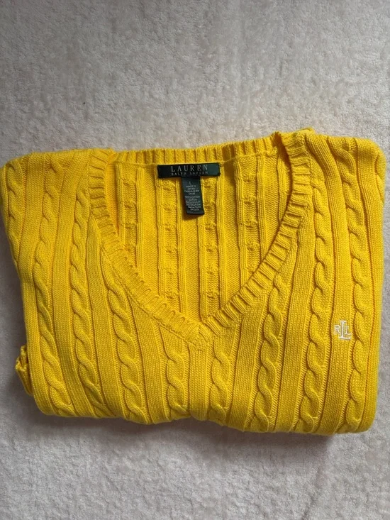 Lauren Ralph Lauren Cotton Bright Yellow V-neck Cable Knit Sweater - Picture 11 of 12
